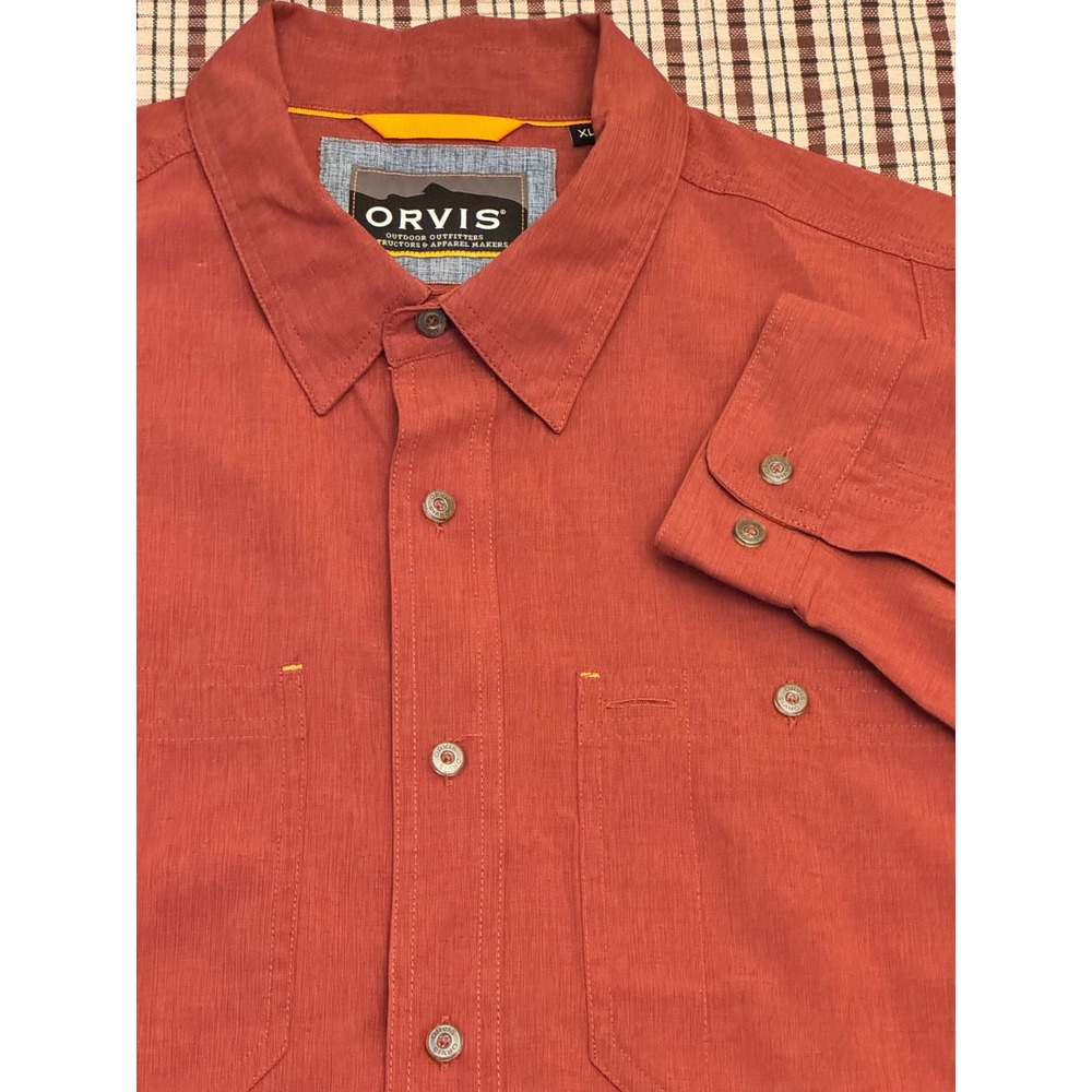 Orvis Active Fit Button Down Shirt Mens XL Rust Orange Long Sleeve Outdoors
